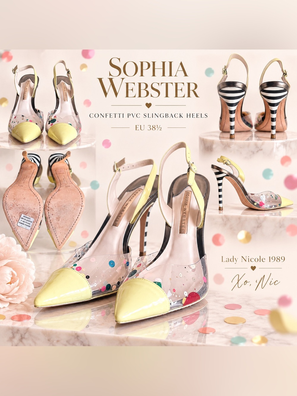 Sophia Webster PVC Glitter Confetti Pointed Toe Slingback Pumps 38.5